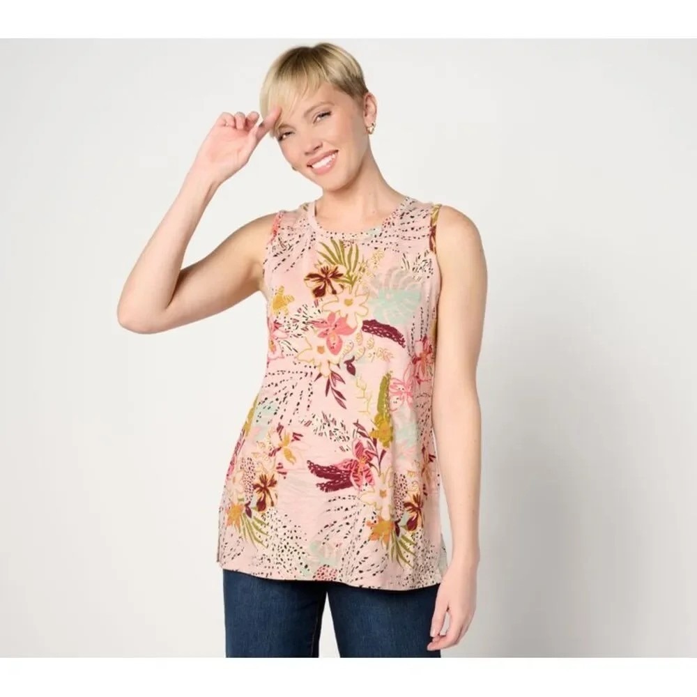 LOGO by Lori Goldstein Beach to Street Pink Floral Tunic Tank Top S Boho Chic
